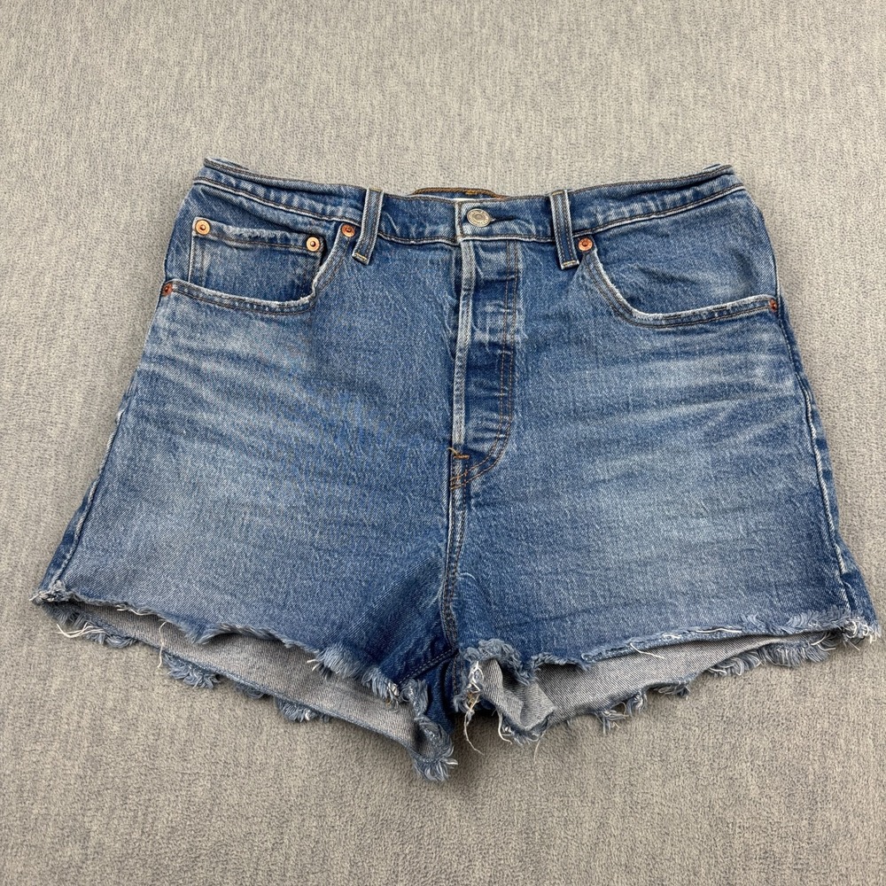 Levis Shorts Womens Sz 31 Blue High Rise Denim Ribcage Button Fly Cut Off Frayed